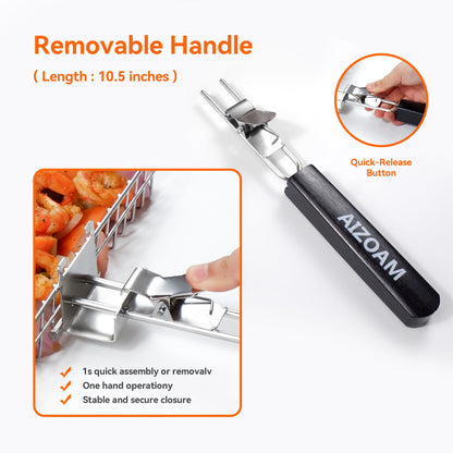 AIZOAM Grill Basket - Grill Baskets for Outdoor Grill, Stainless Steel Large Grilling Basket w Removable Handle, Portable Fish Grilling Rack for Grill Ideal Meat Fish Vegetables Grilling Accessories