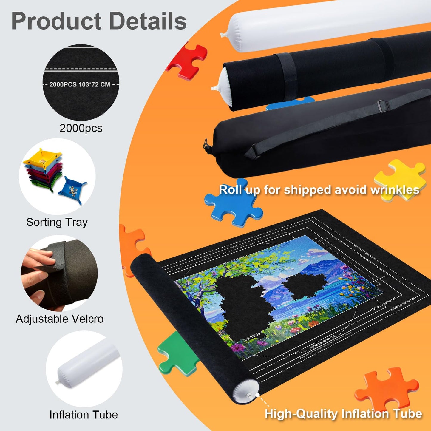 GWLKKE Jigsaw Puzzle Mat Roll Up with Storage Bag, 8 Sorting Trays, Inflatable Tube & Pump | Portable Puzzle Board & Saver for Up to 2000 Pieces | Felt Mat for Adults, Teenage, Travel