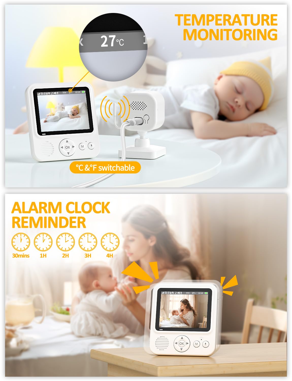 BURNNOVE Baby Monitor with Camera and Night Vision 720P IPS Video Baby Monitor with Camera 2000mAh 2.8'' VOX Mode Safe No Wi-Fi Digital Zoom 2-Way Audio Temperature Sensor Feeding Alarm for Parents