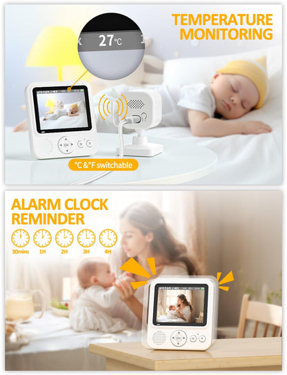 BURNNOVE Baby Monitor with Camera and Night Vision 720P IPS Video Baby Monitor with Camera 2000mAh 2.8'' VOX Mode Safe No Wi-Fi Digital Zoom 2-Way Audio Temperature Sensor Feeding Alarm for Parents
