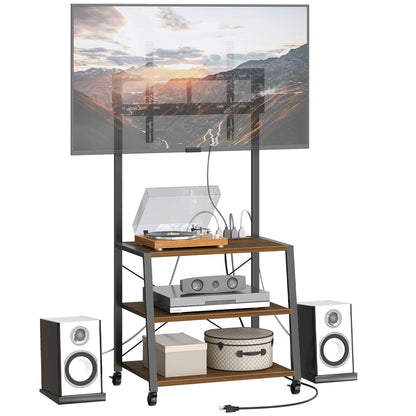 HOOBRO Rolling TV Stand with Mount and Power Outlet Up to 55 inch TV, Corner Entertainment Center, Small TV Stand with 3-Tier Storage Shelves for Living Room, Bedroom, Rustic Brown and Black BF66UDS01