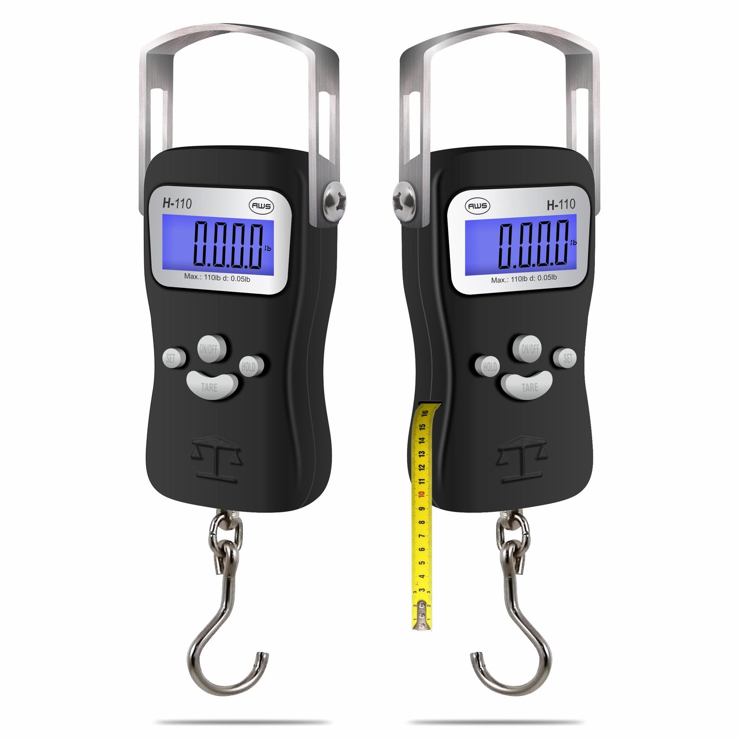 AWS Digital Luggage Scale, Fish Weighing Scale, Hanging Scale 110lb/50kg – Die-Cast Metal Construction, Built-in Tape Measure, Hook & Handle – for Travel, Fishing, Archery, Hunting, Outdoor (Black)