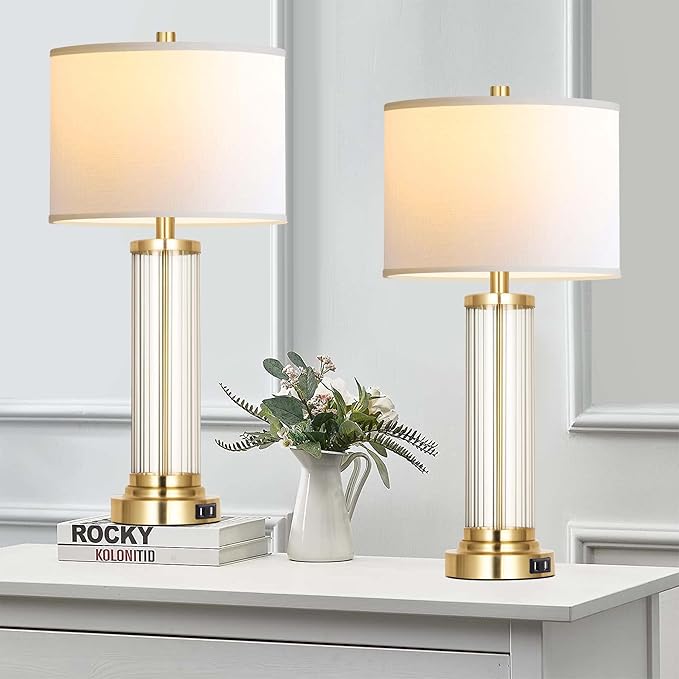 QiMH Touch Control Table Lamp Set of 2 with USB Ports, 3-Way Dimmable Nightstand Lamp with Fabric Cream Shade, Modern Bedside Lamp for Living Room Bedroom Reading, LED Bulbs Included