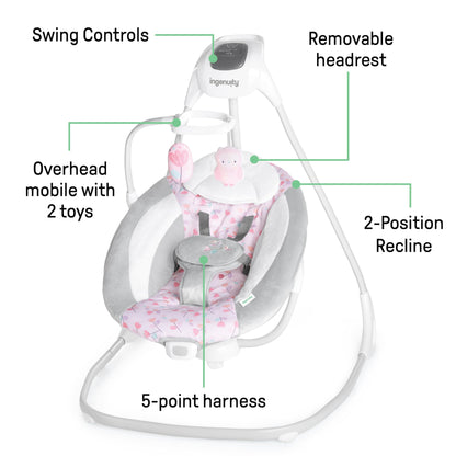 Ingenuity SimpleComfort Lightweight Compact 6-Speed Multi-Direction Baby Swing, Vibrations & Nature Sounds, 0-9 Months 6-20 lbs (Pink Cassidy)