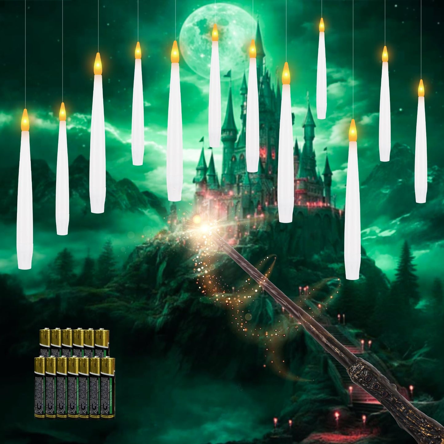Sunjas 12 PCS Floating Candles with Wand LED Magic Hanging Candle Battery Operated Candle with 13 Batteries Include Flickering Warm Light Floating Candles for Christmas Halloween Decoration
