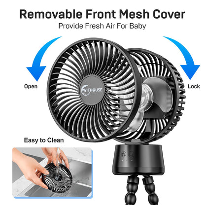 20000mAh Portable Stroller Fan, 120° Auto Oscillation, 3-IN-1 with Power Bank LED Light Detachable Flexible Tripod Rechargeable Battery Powered Clip On Fans Desk for Baby Crib Car Seat Travel