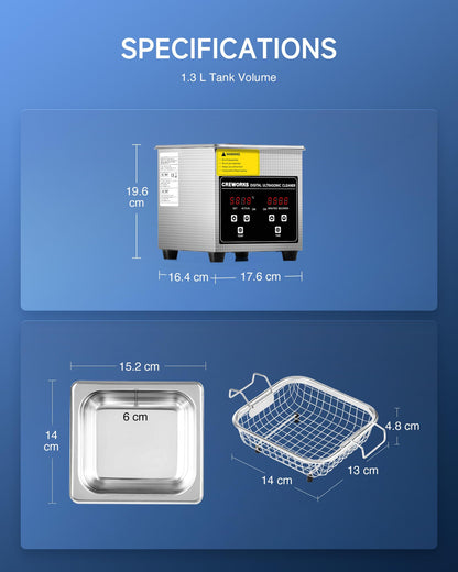 CREWORKS 1.3L Digital Ultrasonic Cleaner with Heater and Timer, 60W Stainless Steel Ultrasonic Cleaning Machine, Professional Ultrasonic Parts Cleaner for Retainer Glasses Jewelry Lab Tool