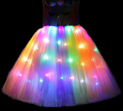 Soyoekbt Girls Unicorn Costume LED Light Up Unicorn Princess Dress Birthday Party Outfit Halloween Tutu Dress with Headband Rainbow Sequin+Rainbow Led 3-4Years