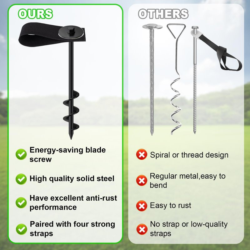 Eurmax USA 4 Pack Universal Ground Anchors High Wind, Heavy Duty Screw-in Trampoline Stakes with 4 Straps, Upgraded Commercial Anchor Kit for Outdoor Sheds, Swing Sets & Mobile Homes (Black)