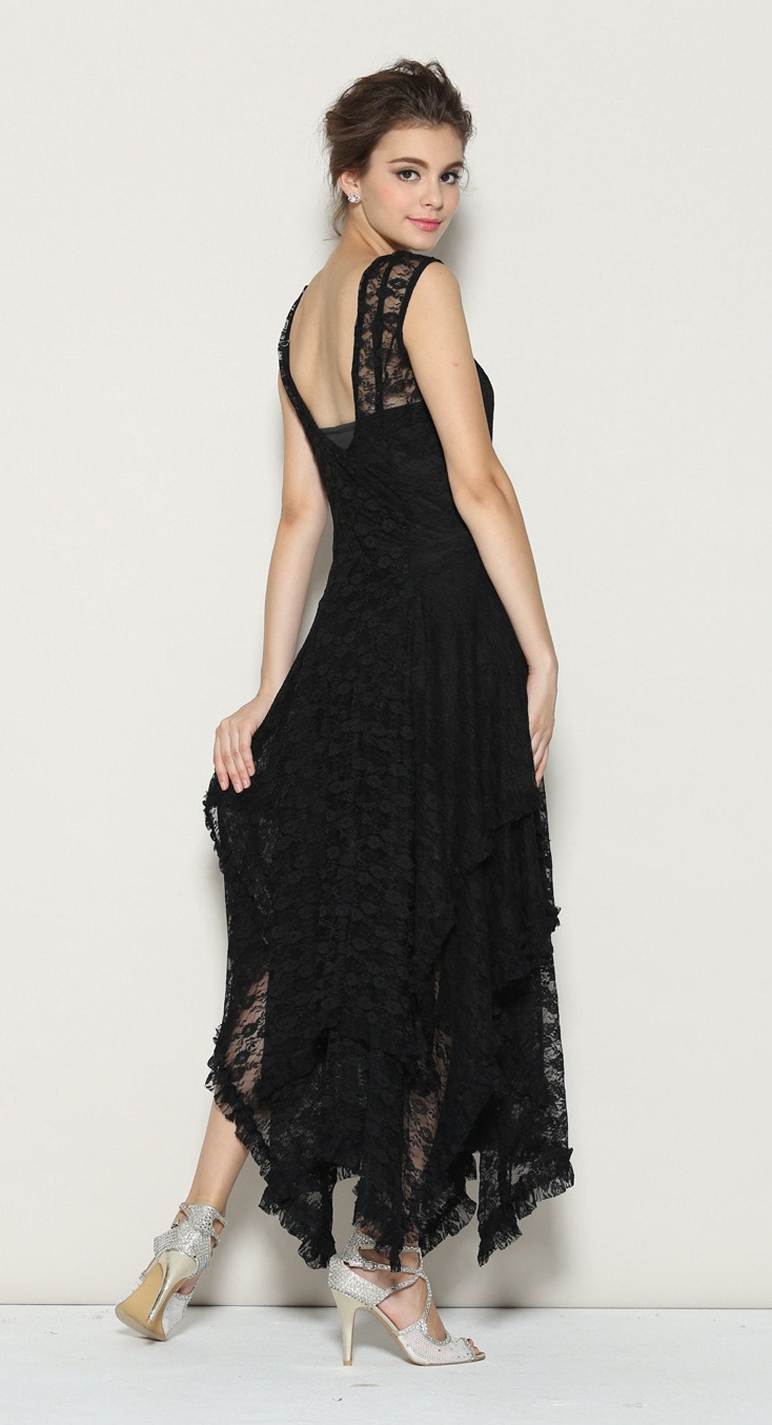 R.Vivimos Womens Sleeveless Backless Asymmetrical Layered Lace Long Dress with Slip Two Pieces (Medium, Black)
