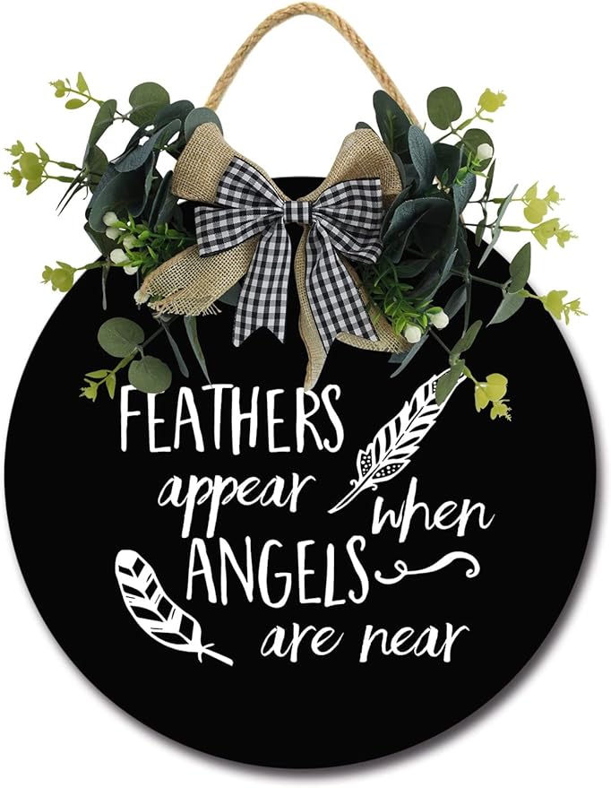 Angels Appear Front Door Sign Funny Wreaths Hanging Wooden Plaque Decoration Round Rustic Wood Farmhouse Porch Decor for Home Front Door Decor, 11 x 11 Inch