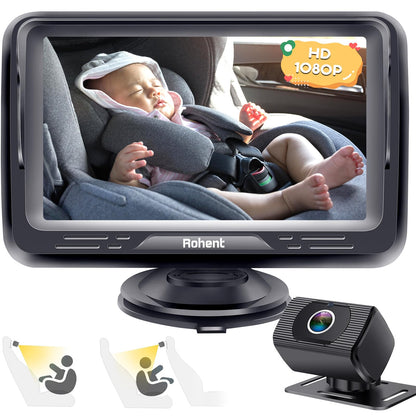 Baby Car Camera HD 1080P Baby Car Mirror 5 Mins Easy Installation Crystal Night Vision Infant Travel Safety Kit Rohent N06, Black, 4.3 Inch Screen