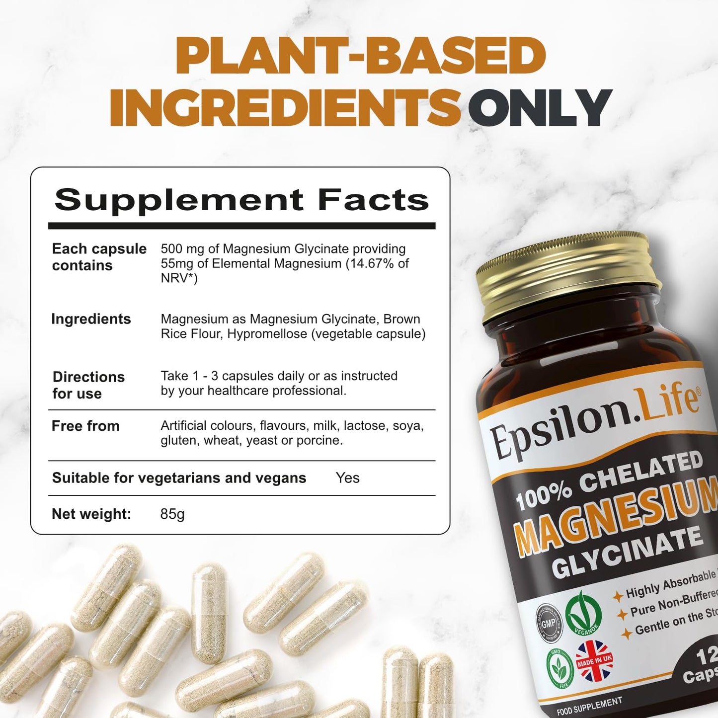 Epsilon Magnesium Glycinate Supplements - Chelated Mg Bisglycinate Supplement - 120 Easy to Take Vegan Capsules - 500mg Unbuffered Magnesium-Glycinate per Capsule - UK-Made