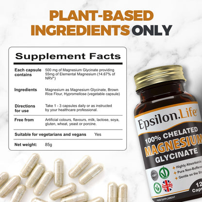 Epsilon Magnesium Glycinate Supplements - Chelated Mg Bisglycinate Supplement - 120 Easy to Take Vegan Capsules - 500mg Unbuffered Magnesium-Glycinate per Capsule - UK-Made