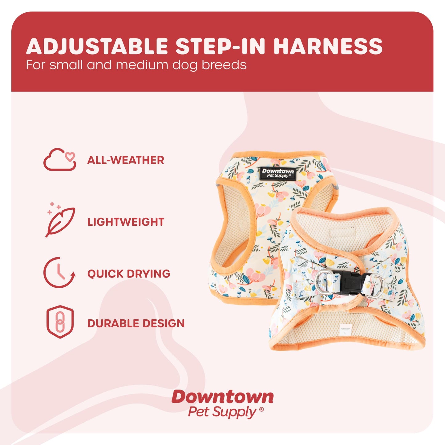 Downtown Pet Supply Step in Dog Harness for Small Dogs No Pull, Small, Floral - Adjustable Harness with Padded Mesh Fabric and Reflective Trim - Buckle Strap Harness for Dogs