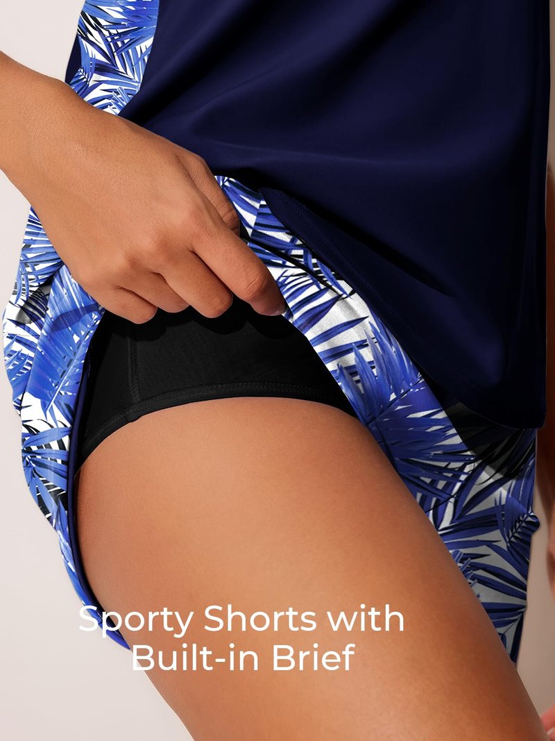 Summer Mae Plus Size Tankini Swimsuits for Women 2026 Tummy Control Two Piece Bathing Suits with Pockets Swim Shorts Azure Leafsea Size 22 Plus