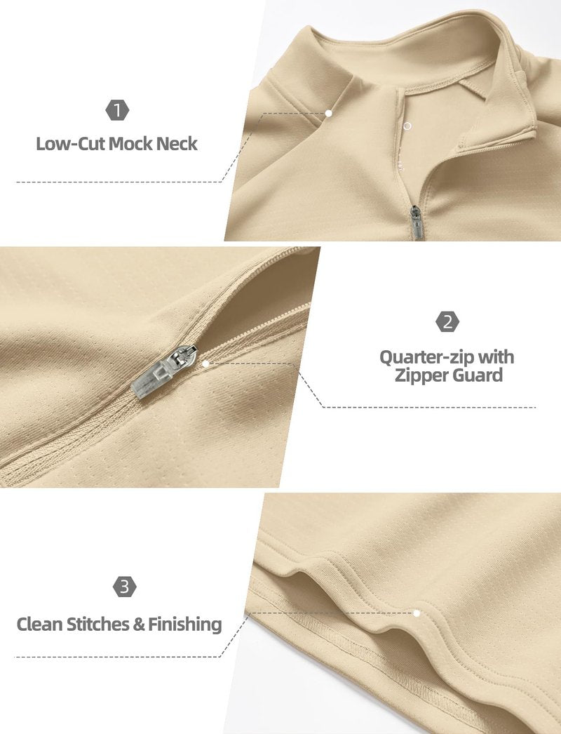 Zengjo Quarter Zip Men Athletic Shirts for Runnig Workout Golf Performance(Beige,Large)