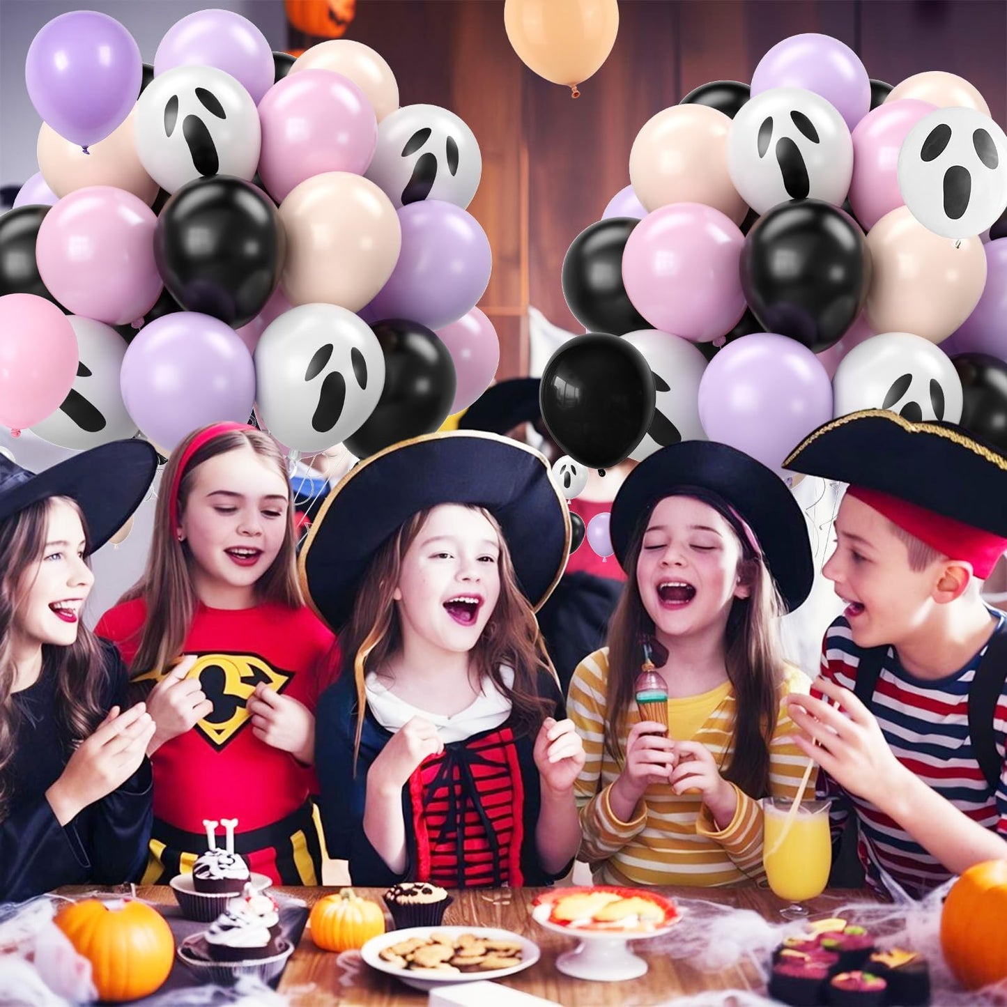 Halloween Balloons,52PCS 12 Inch Halloween Pastel Pink Black Orange Purple Balloon, Ghost Printed Ballons for Halloweenday BOO Party Decorations,Birthday,Baby Shower