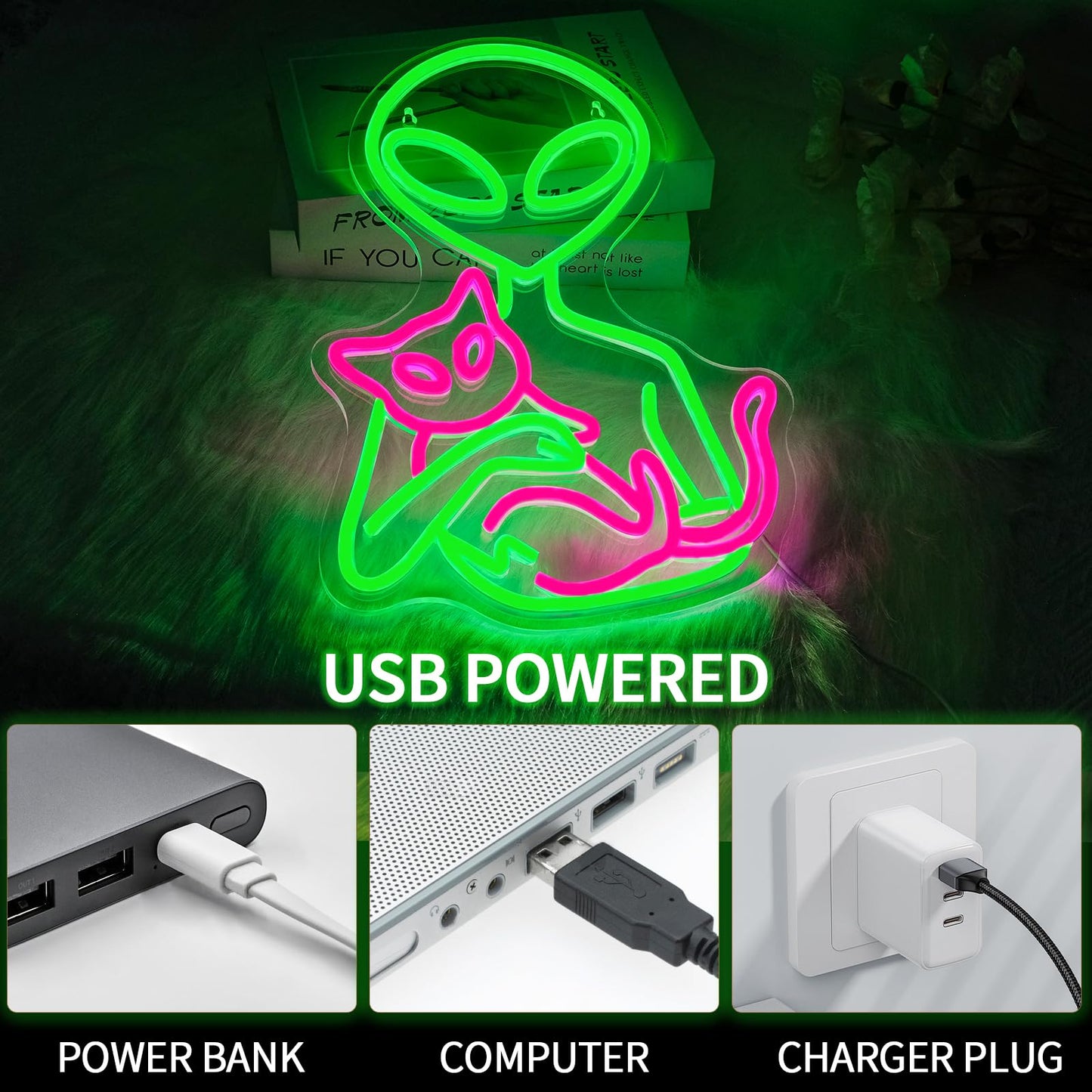 Alien Neon Sign for Wall Decor Dimmable Aliens Cat Led Lights Signs for Bedroom Green Neon Light for Game Room Man Cave Bedroom Party Decoration Gift for Kids Boys