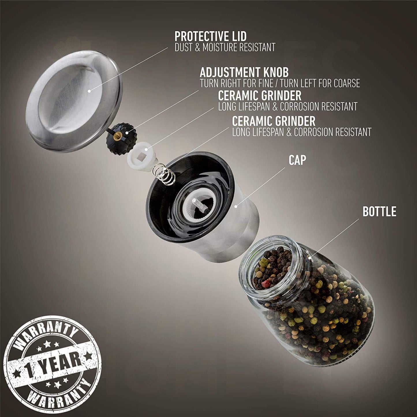 Home EC Original Stainless Steel Sea Salt and Pepper Grinder Set of 2 - Adjustable Ceramic - Glass Salt and Pepper Shakers - Kitchen Pepper Mill & Salt Mill W/Funnel & EBook