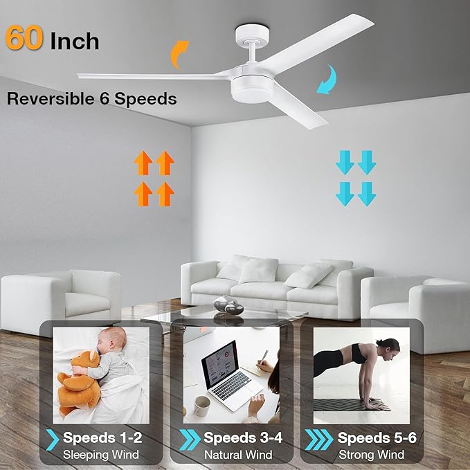 cumilo 60 Inch Smart Ceiling Fans with Light and Remote Control,6 Speeds,Quiet DC Motor,3 Color Dimmable,Outdoor Indoor Modern Ceiling Fans for Large Bedroom Patio Porch