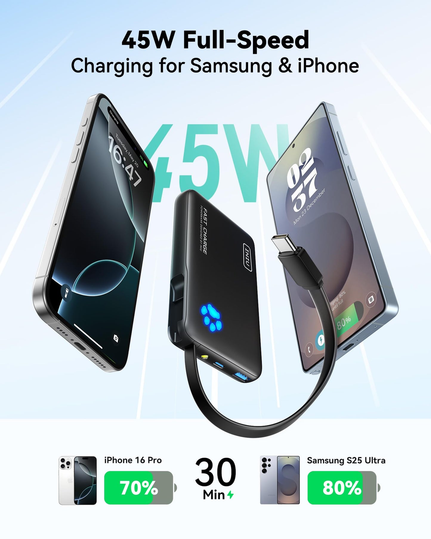 INIU 45W Portable Charger, 10000mAh Built-in USB C Cable Fast Charging Power Bank, Small Type C Battery Pack, Powerbank for iPhone 17 16 15 14, iPad, Samsung S25 S24 etc. Travel Camping Essentials