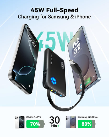 INIU 45W Portable Charger, 10000mAh Built-in USB C Cable Fast Charging Power Bank, Small Type C Battery Pack, Powerbank for iPhone 17 16 15 14, iPad, Samsung S25 S24 etc. Travel Camping Essentials
