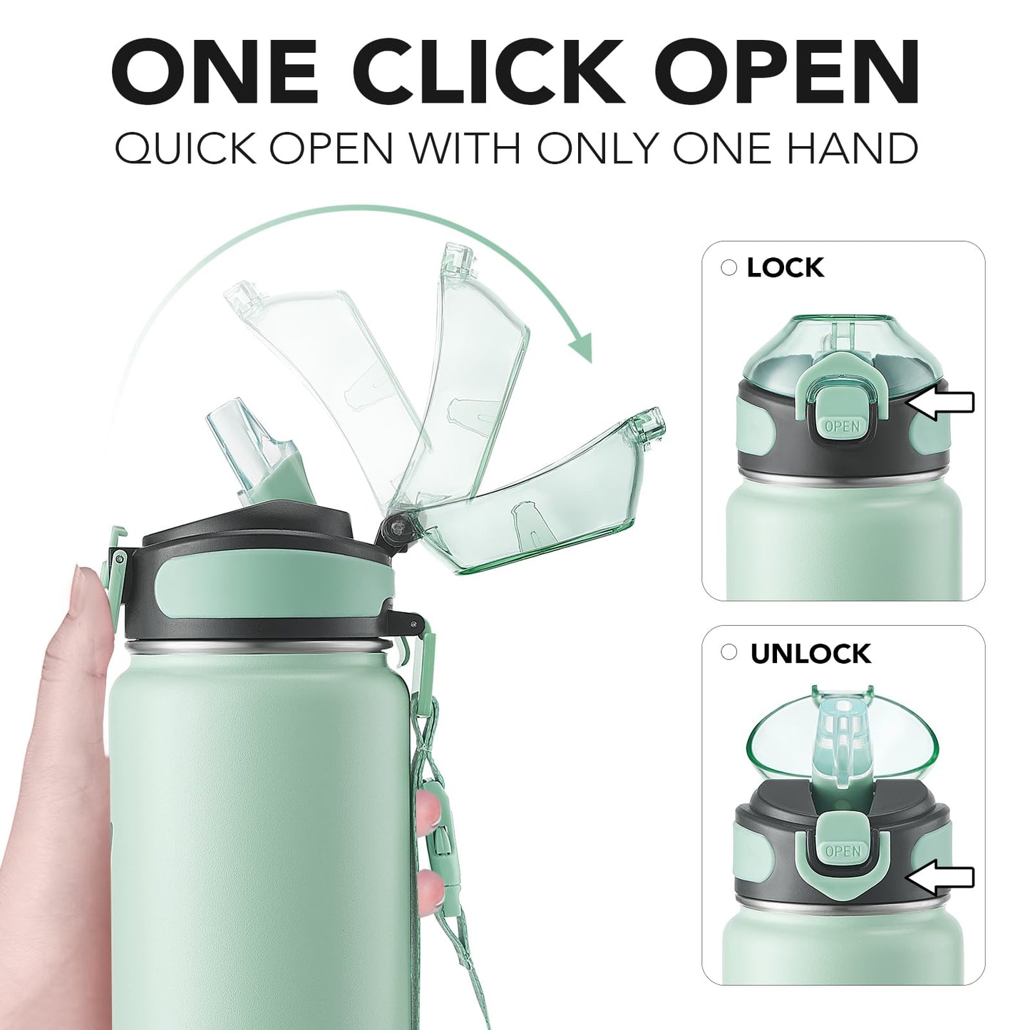 Enerbone 32 oz Insulated Water Bottle, Stainless Steel Bottle with Carrying Strap, Double-Wall Vacuum Insulation Design, Leakproof Sports Bottle with Straw, Keep Drinks Cold or Hot for Hours