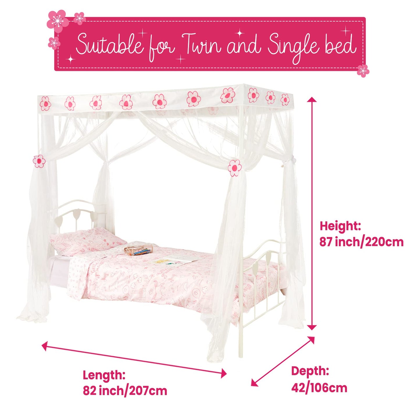 Wremedies for easier living Girls Princess Bed Canopy 4 Poster Style Bed Netting with Flowers Twin Bed Mosquito Easy Installation Net Box Set (White)