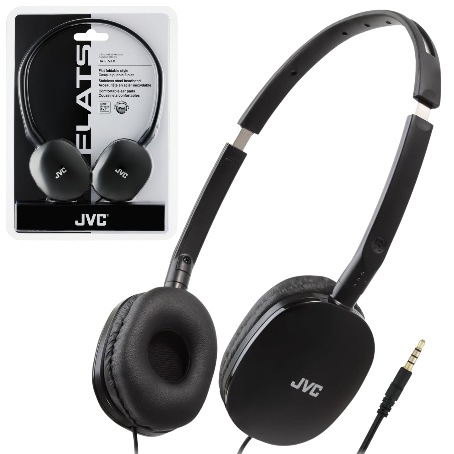 JVC Flats On-Ear Wired Headphones - Flat Foldable Design - 30mm Driver for Powerful Sound - Soft Ear-Pads for Comfort – Steel Headband - Lightweight & Portable - PC/Laptop/Gaming - 3.5mm Slim Plug