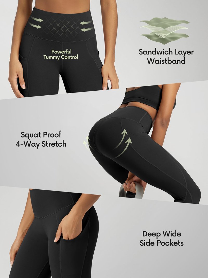 ODODOS Women's Knee Length High Waisted Yoga Capri Leggings with Pockets, Workout Running Sports Athletic Yoga Capris, Black, X-Large
