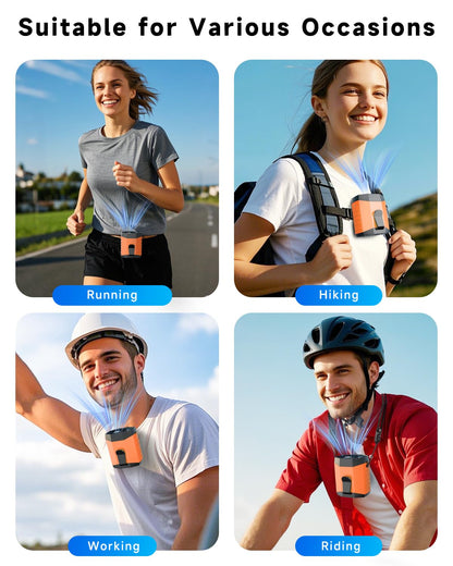 JKBOOM 2025 Smart Portable Rechargeable Fan with LED Light & 25H Runtime, 4-Speed 9200RPM Turbo Cooling Personal Waist Fan, Wearable Neck & Belt Clip for Camping, Outdoor, Hiking - Orange