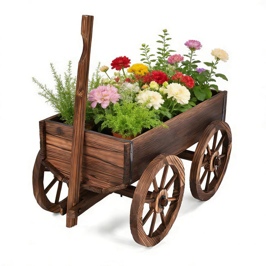 COSTWAY Wood Wagon Flower Planter Pot Stand with Wheels for Home, Garden, Indoor, Outdoor, Decor