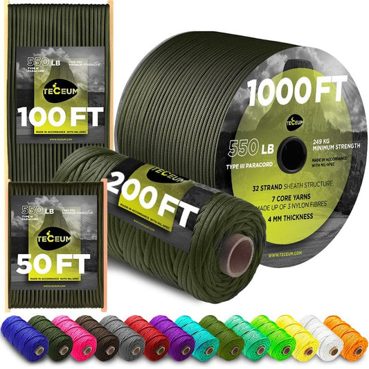 TECEUM Paracord Type III 550 Army Green – 50 ft – 4mm – Tactical Rope MIL-SPEC – Outdoor para Cord –Camping Hiking Fishing Gear and Equipment – EDC Parachute Cord – Strong Survival Rope 010 n