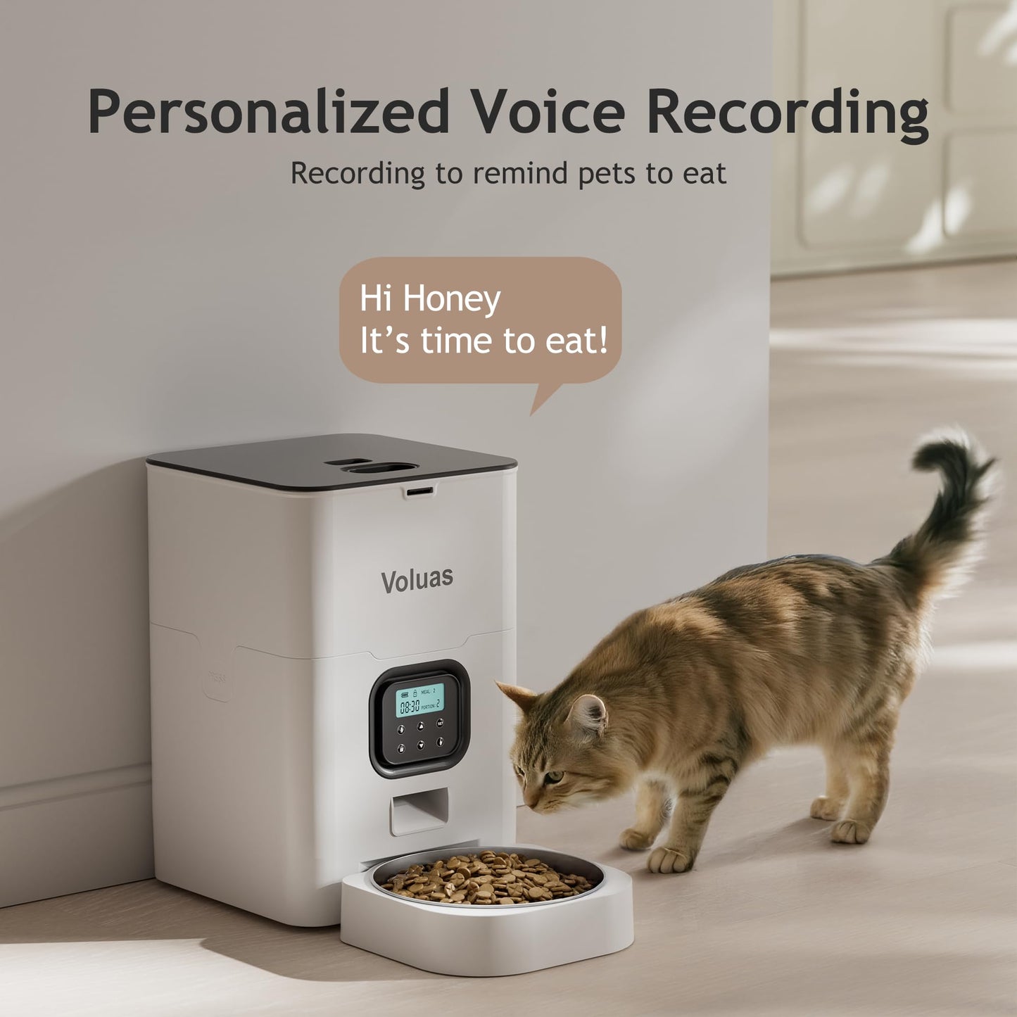 VOLUAS Automatic Cat Feeders - Timed Pet Feeder for Cats and Dogs with Dry Food Dispenser, Desiccant Bag, Programmable Portion Control, 4 Daily Meals, 10s Voice Recorder