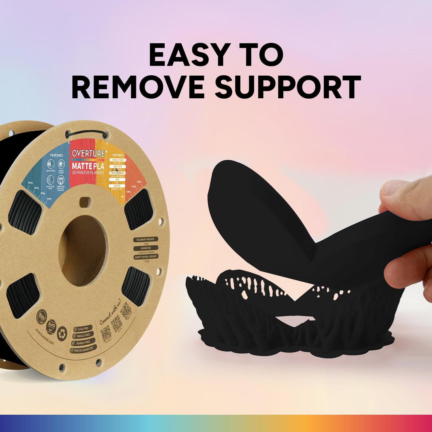 OVERTURE Matte PLA Filament 1.75mm, Easy to Print, PLA Matte 3D Printer Filament 1kg (2.2lbs), Cardboard Spool, Accuracy ± 0.02mm (Matte Black)