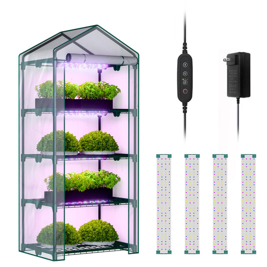 i-SUNSHORE Indoor Greenhouse with Grow Lights, 4 Tier 27" L×19" W×62" H Mini Greenhouse with Zippered PVC Cover for Seed Starting Trays, Dimmable 2FT 60W Plant Light for Indoor Plants with Timer
