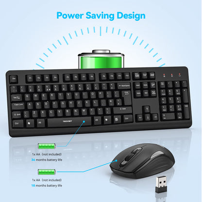 TECKNET Wireless Keyboard and Mouse Set, Ergonomic 2.4G Cordless Keyboard & Mouse Combo Silent, Full-Size, Spill-Resistant with Nano USB Receiver for PC, Laptop, Computer - QWERTY, UK Layout