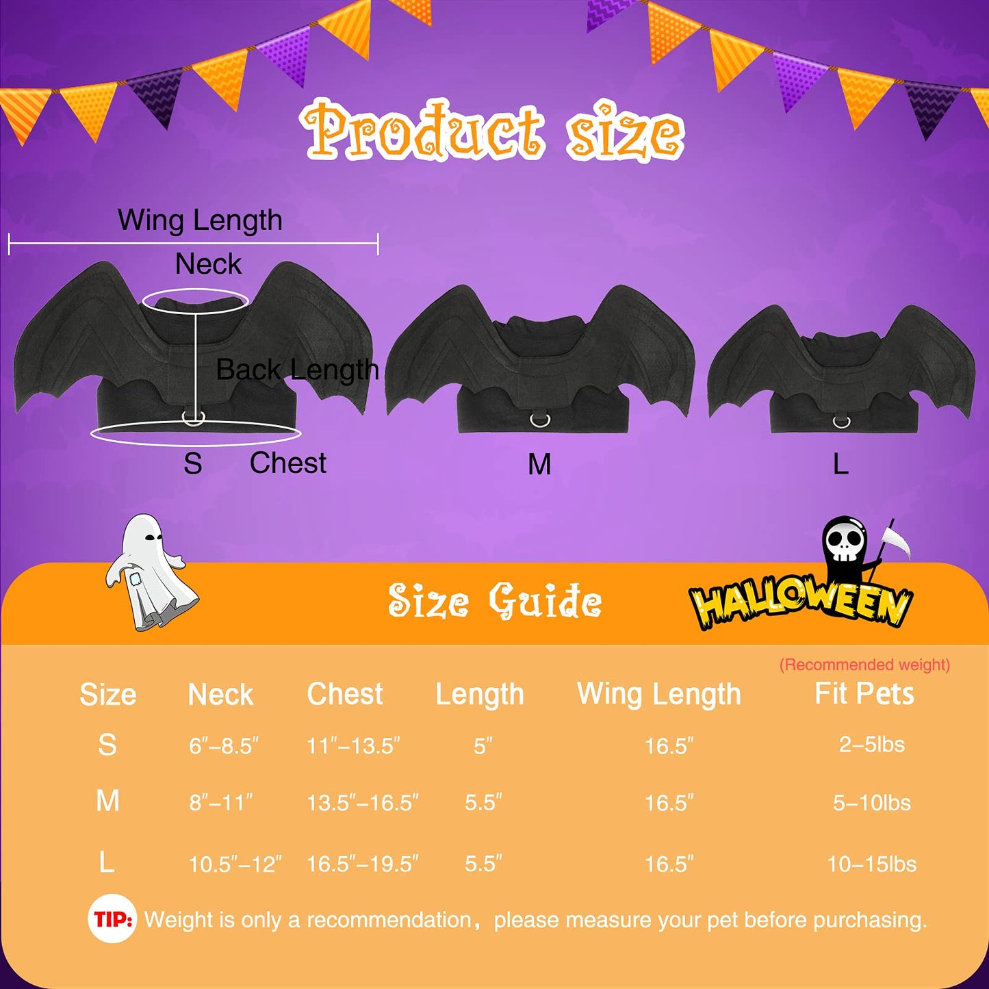 RYPET Dog Halloween Costume - Halloween Bat Wings Pet Costumes for Dogs Cats Halloween Party Medium