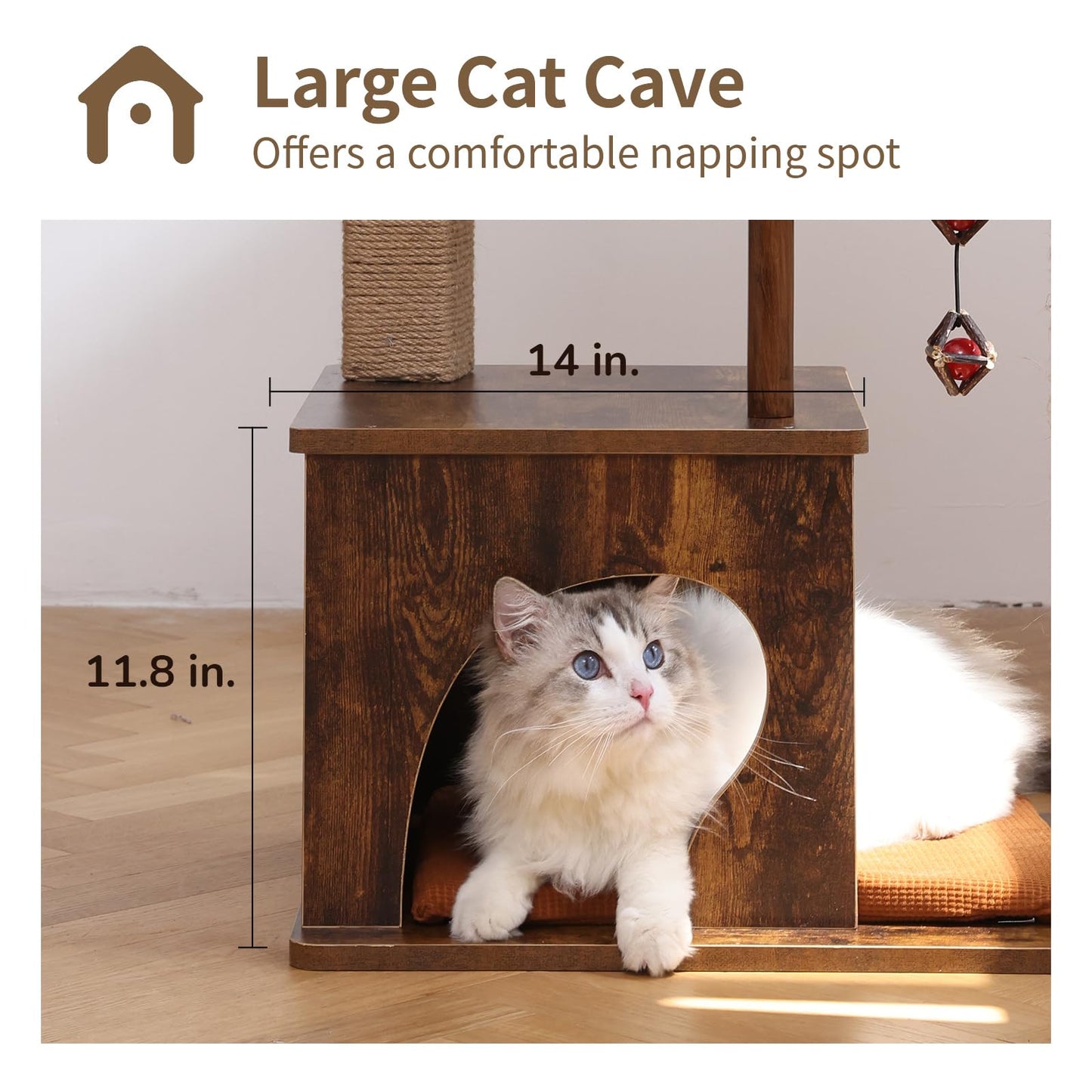 FUKUMARU Cat Tree, 4 in 1 Large Modern Cats Tower with Jute Scratching Post and Hammock, Wood Cat Condo with silvervine Balls, Brown Cat Climber Stand Playhouse for Indoor Cats, Retro Style