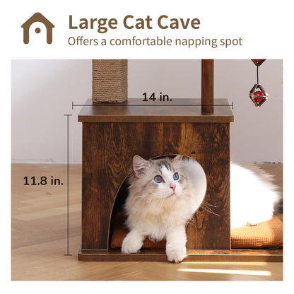 FUKUMARU Cat Tree, 4 in 1 Large Modern Cats Tower with Jute Scratching Post and Hammock, Wood Cat Condo with silvervine Balls, Brown Cat Climber Stand Playhouse for Indoor Cats, Retro Style