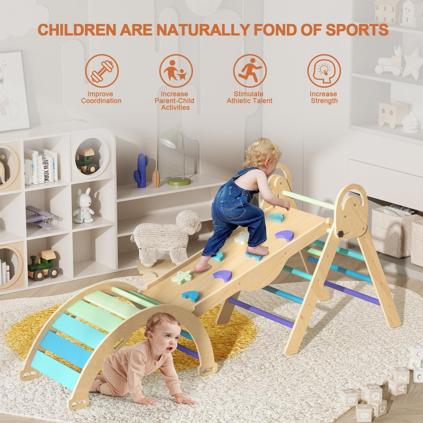 ElegantCrafts Pikler Triangle Set with Cushion, Montessori Climbing Set, Indoor Climbing Toys, Indoor Playground Jungle Gyms, 9 Combinations Climbing Toy Set for Toddler, Baby, Kids 1-4