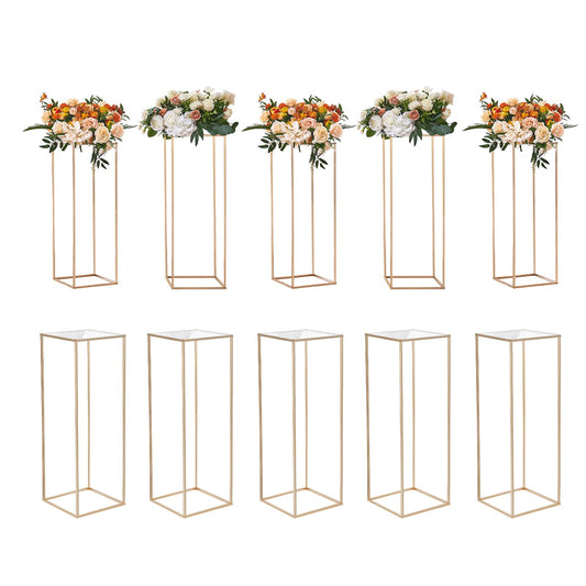 VEVOR 10PCS 31.5inch High Wedding Flower Stand, With Acrylic Laminate,Metal Vase Column Geometric Centerpiece Stands, Gold Rectangular Floral Display Rack for Events Reception, Party Decoration