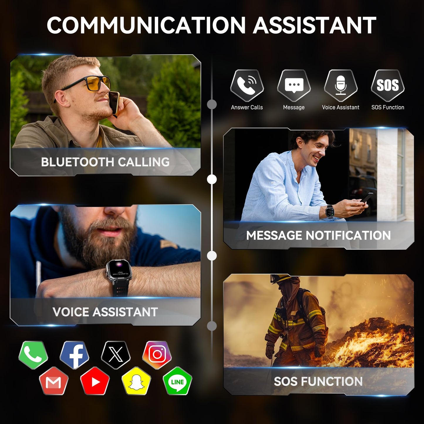 Bassizo Military Smart Watch for Men 3ATM Waterproof with Call/LED Flashlight 2.02" HD Big Screen Rugged Tactical Smartwatch with Compass Fitness Tracker with HR/SPO2/Sleep Monitor for iPhone Android