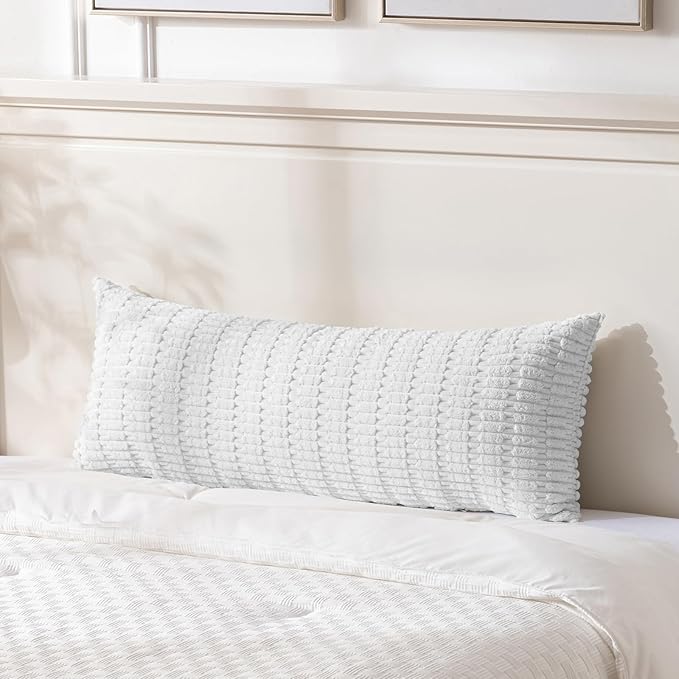 Fancy Homi Pure White Long Body Lumbar Lumbar Decorative Throw Pillow Covers 14x36 Inch for Bed Couch Bedroom Bench, Soft Corduroy Rectangle Solid Pillow Case, Rustic Farmhouse Boho Room Decor