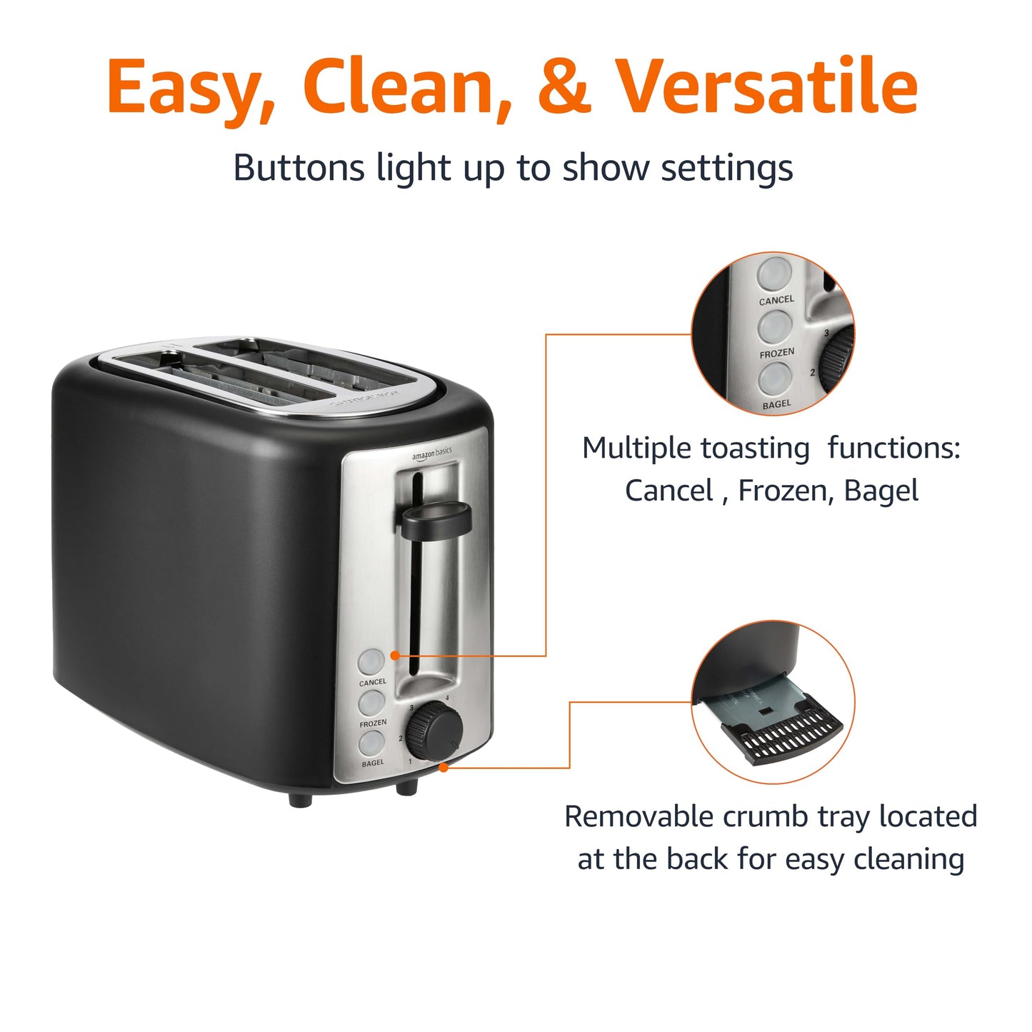 Amazon Basics 2 Slice Toaster, With 6 Browning Settings, Extra Wide Slots For Bagels and Special Breads, Removable Easy-to-Clean Crumb Tray, Cancel/Defrost/Bagel Buttons, 900W, Black & Silver