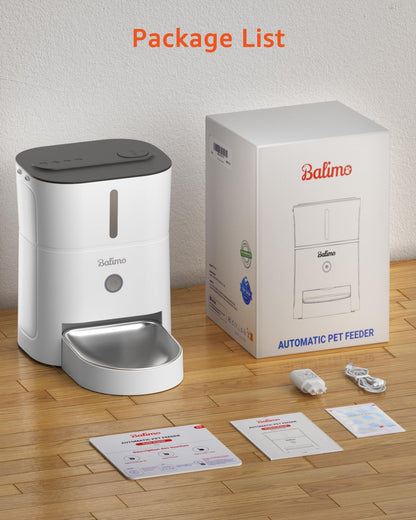 Balimo Automatic Cat Feeder, 3L, Stainless Steel Bowl, 1-6 Meals a Day, White