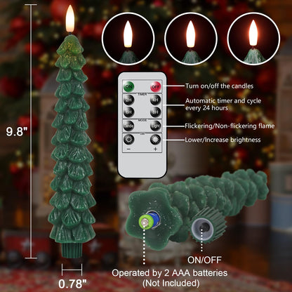 Lasumora Christmas Tree Candles with Remote Timer, 4 Pcs Waxy Flameless Taper Candles Flickering, Battery Operated LED Candlesticks with 3D Flame Wick, Green Window Candle for Christmas Decorations