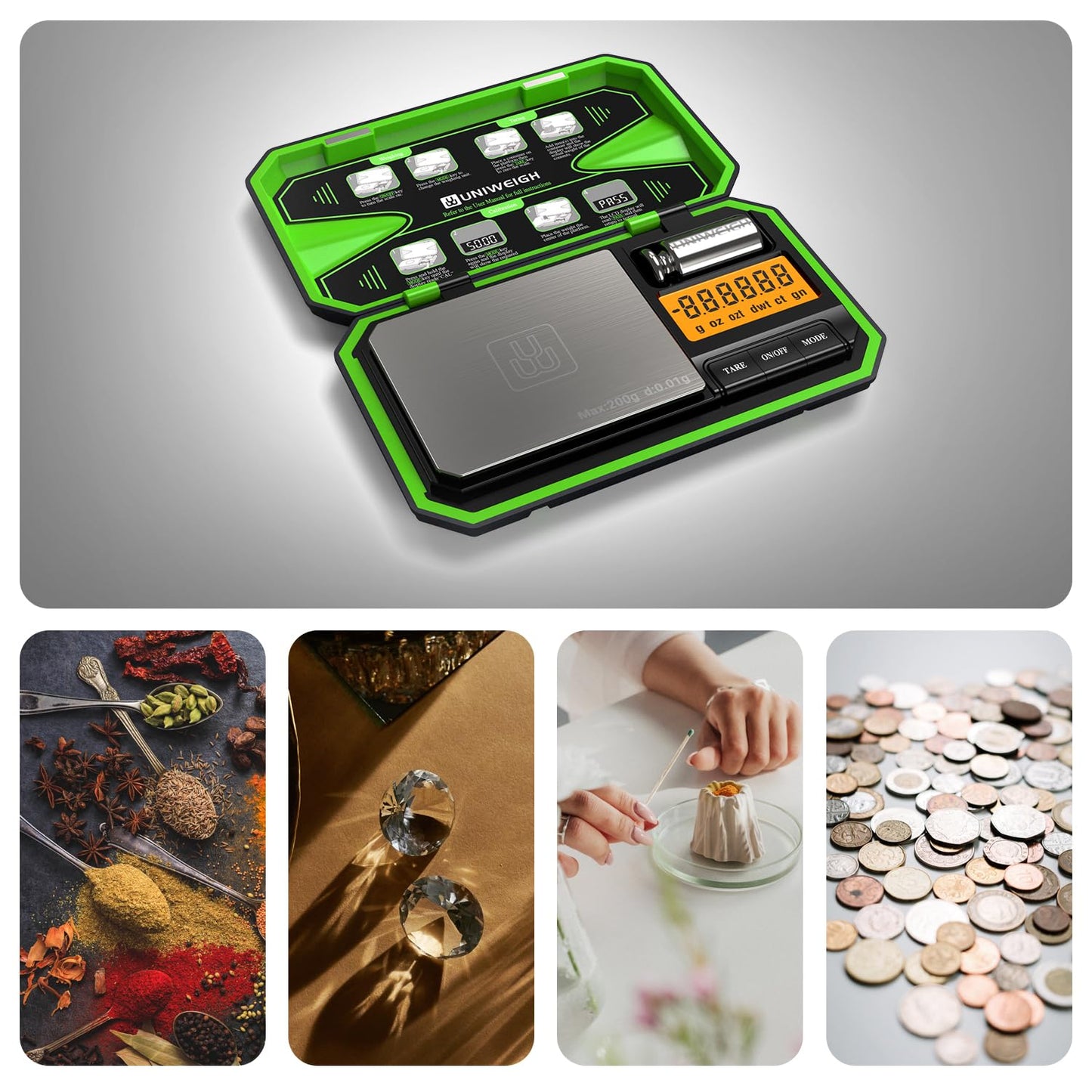 UNIWEIGH Digital Pocket Scale 200g/0.01g, Digital Gram Scales, Mini Food Scale with 50g Calibration Weight for Food,Powder,Tea,Jewelry,Coins,small items scale (Battery Included)-Fluorescent Green