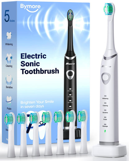 Bymore Electric Toothbrush for Adults,Travel Sonic Toothbrush with 8 Replacement Heads, Ultra Clean Rechargeable Toothbrush Portable One Charge for 330days 5 Modes 2mins Timer-Black